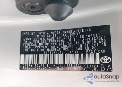 2016 Toyota Corolla Le from USA, damaged, VIN 5YFBURHE1GP554133